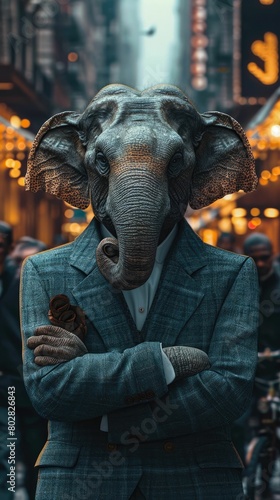 Elegant elephant gracefully walks through urban streets, adorned in tailored sophistication, epitomizing street style. The realistic city backdrop captures the majestic presence blended with contempor © Дмитрий Симаков