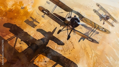 Dynamic watercolor of multiple early biplanes in a formation flight over a sun-drenched desert, their shadows trailing on the sands below