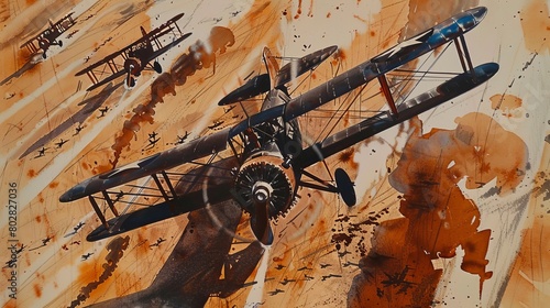 Dynamic watercolor of multiple early biplanes in a formation flight over a sun-drenched desert, their shadows trailing on the sands below