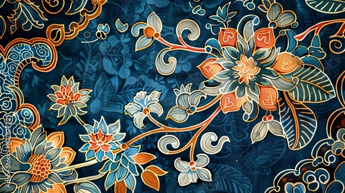 a colorful floral pattern featuring orange, blue, and white flowers arranged in a repeating pattern