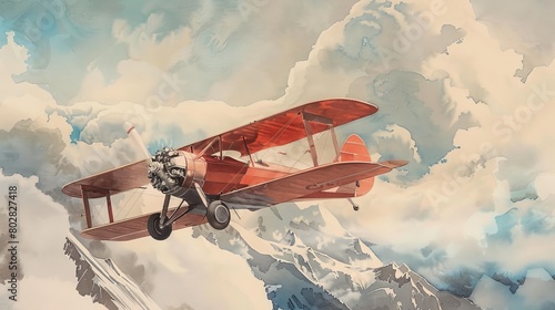 Gentle watercolor of an early monoplane drifting above cloud-covered mountains, capturing the isolation and majesty of early flight