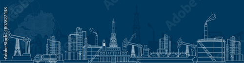 Gas and oil industry platform with Outbuildings, Oil storage tank and more. Banner, Poster, Brochure, Flyer Design. Vector Illustration eps10