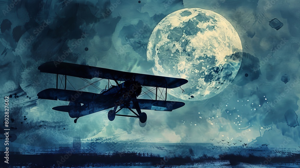 Fototapeta premium Peaceful watercolor of a vintage biplane silhouetted against a full moon, the calm night sky contrasting with the thrill of early aviation