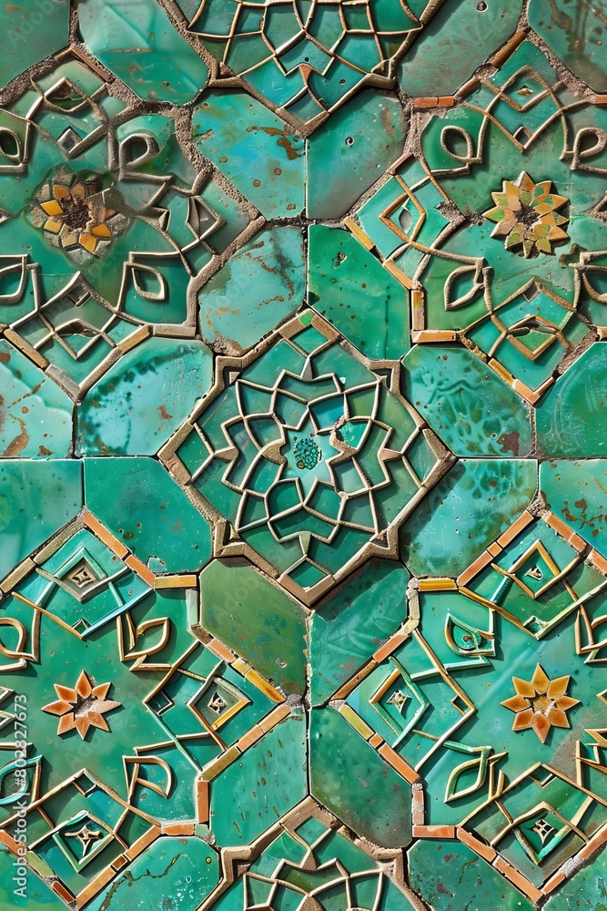 a detailed pattern of green and turquoise tiles with intricate geometric designs and gold accents, arranged in a symmetrical mosaic. a detailed pattern of green and turquoise tiles with intricate geometric designs and gold accents, arranged in a symmetrical mosaic.