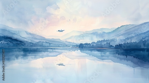 Peaceful watercolor of an early morning flight scene with a vintage jet crossing over a calm lake  reflecting the tranquility and beauty of flight