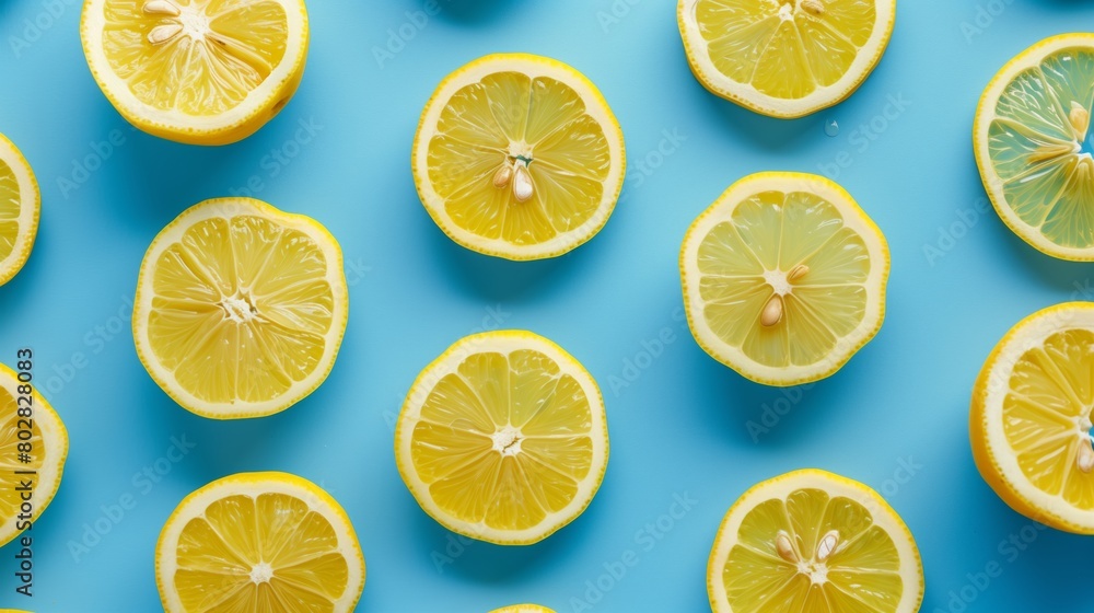 Top view of sliced lemons pattern texture blue background