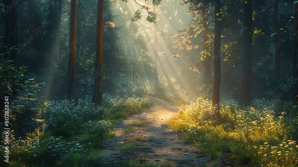 Enchanting forest path illuminated by sunlight filtering through the trees