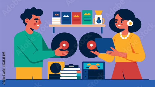 Two record store owners exchange vinyl records from their respective cultures adding new genres and sounds to their collections. Vector illustration