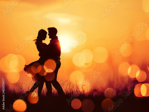 silhoutte of a couple playing together during sunset - ai