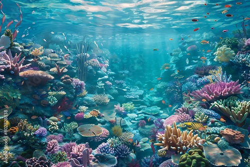 A thriving underwater ecosystem a vibrant coral reef ecosystem flourishes beneath the surface of a crystal-clear tropical ocean  teeming with diverse marine life in a symbiotic dance.
