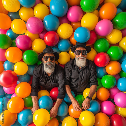 A fashion photo of two old man, dressed as gangsters, laying in a sea of platic balls in an old factory studio, shot from above, in colorful © Дмитрий Симаков