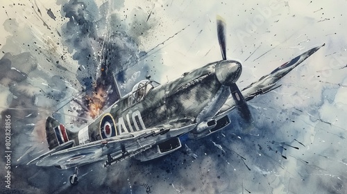 Watercolor depiction of an aerial dogfight featuring a Spitfire and a Messerschmitt, set against a dramatic sky, highlighting the intense battles of WWII