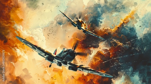 Watercolor depiction of an aerial dogfight featuring a Spitfire and a Messerschmitt, set against a dramatic sky, highlighting the intense battles of WWII photo