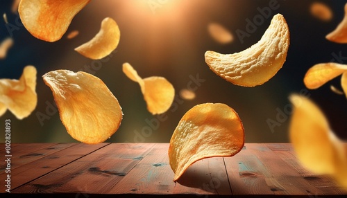 blue circuit board background, close up of an table with flowers, Flying delicious potato chips photo