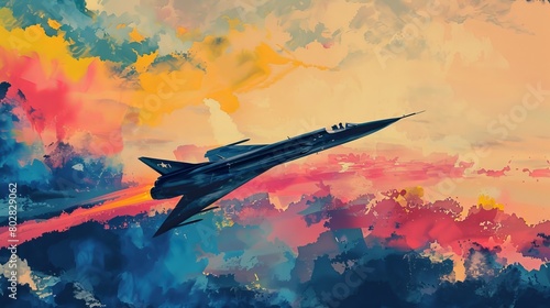 Retro watercolor scene featuring a Lockheed F-104 Starfighter jetting past with a backdrop of a vivid sunset, evoking speed and innovation photo