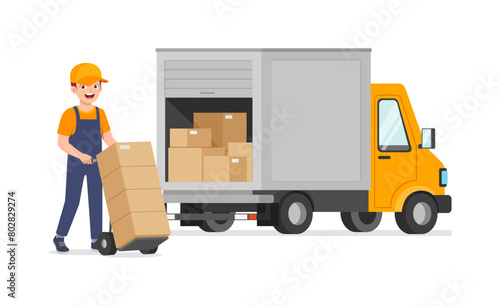 young delivery man push cart with box to fill truck