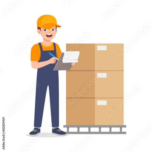 young courier man holding package and clipboard