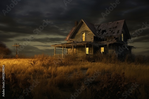 Abandoned House in a Field at Night