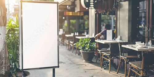 Outdoor café advertising. A blank white sandwich board on a sunny café terrace, inviting customization for promotions or menus amidst lush greenery. photo