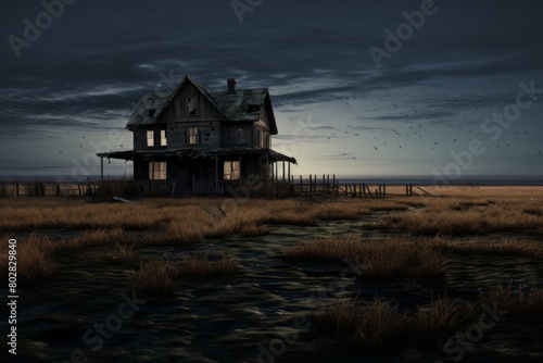 Mysterious Abandoned House in Nighttime Field
