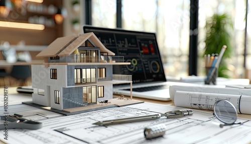 Architectural model on desk with laptop drawing technical tools and blueprints Architecture building construction and real estate business photo
