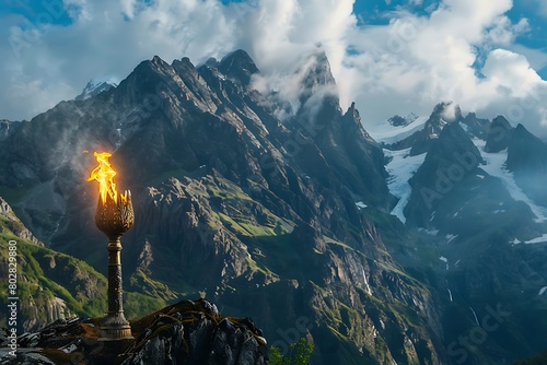 A torch at the foot of a majestic mountain range