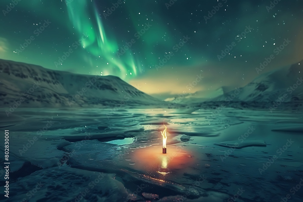 A torch beside a frozen lake under the northern lights