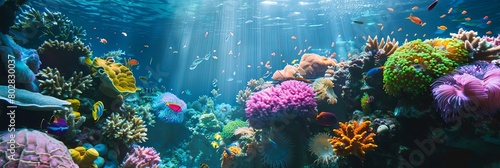 a vibrant underwater world with a variety of colorful fish and flowers