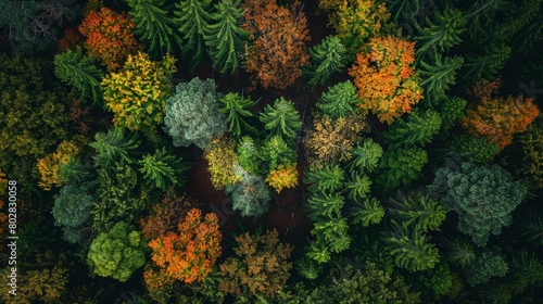 High-resolution shot of seasonal changes in a forest, capturing the gradual transformation of foliage from vibrant green to autumnal hues, representing the passage of time in nature © JP STUDIO LAB