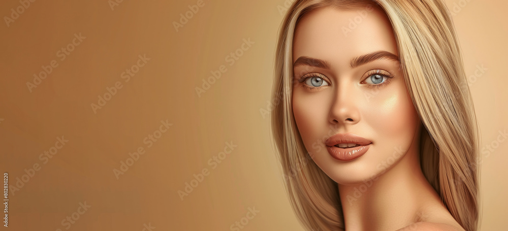 A woman with blonde hair. The image has a warm and inviting mood. beautiful european blond haired woman. The woman is posing for beauty magazine for cosmetics product adv, there is copy space A woman with blonde hair. The image has a warm and inviting mood. beautiful european blond haired woman. The woman is posing for beauty magazine for cosmetics product adv, there is copy space