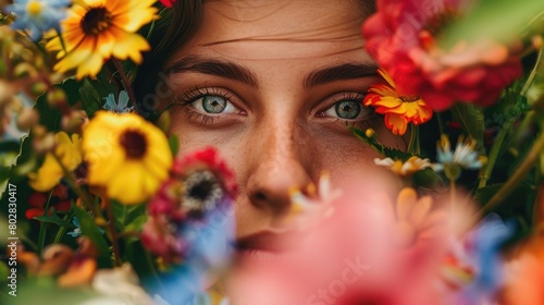 Close-up of a young woman s face partially obscured by vibrant flowers  conveying a sense of beauty and nature. Enchanting Floral Gaze. lush summer floral arrangement  captivating gaze. AIG50