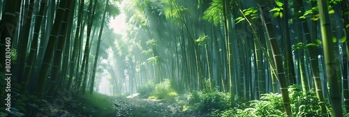 a serene bamboo forest with a lone tree standing tall in the foreground  surrounded by lush greener