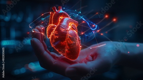 Cardiologist utilizes electronic medical records to diagnose heart condition and analyze patient anatomy. AI, innovation, and digital healthcare showcased on futuristic hologram.