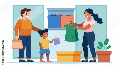 A single parent dropping off a bag of clothes at the thrift store knowing that their donation helps support local families in need.. Vector illustration