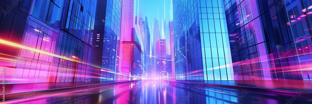 a futuristic cityscape featuring a towering skyscraper, a bustling street, and a bustling river