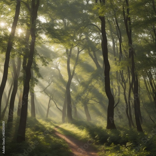 Morning light streaming through a forest canopy.