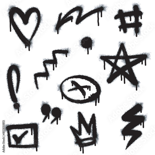 Graffiti drawing symbols set. Painted graffiti spray pattern of question mark, arrow, crown, star, fence and hand hitting. Spray paint elements. Street art style illustration. Vector.