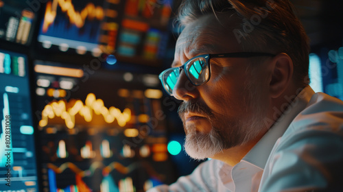 A man with glasses is looking at a computer screen. He has a beard and is wearing a black shirt. An options trader analysing levels and implied probabilities, crafting complex trading strategies.