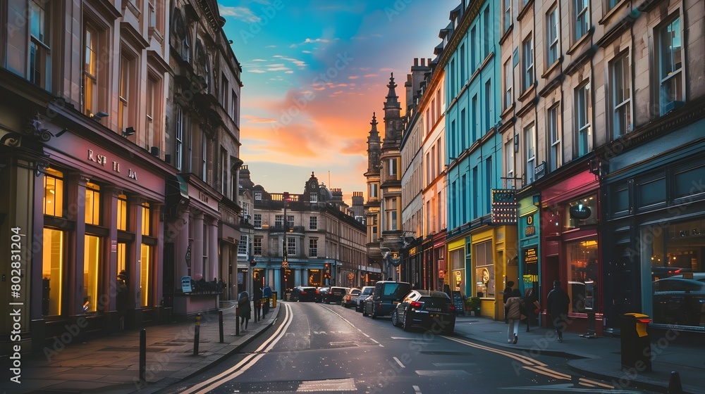 Vibrant City Street at Warm Sunset with Colorful Historic Architecture