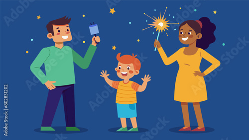 A child admiring the sparkles and colors of their sparkler as their parents snap pictures to capture the moment.. Vector illustration