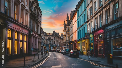 Vibrant City Street at Warm Sunset with Colorful Historic Architecture