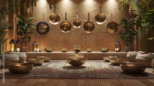 Serene sound therapy room with Tibetan bowls  perfect for high-end wellness retreats and relaxation spaces