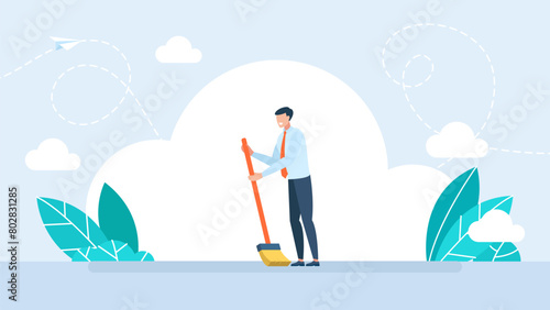 Young smiling man sweeping the floor, house husband working at home. Businessman stands with a broom. Cleaner roads, streets, and parks in working clothes with a broom in hand. Vector Illustration