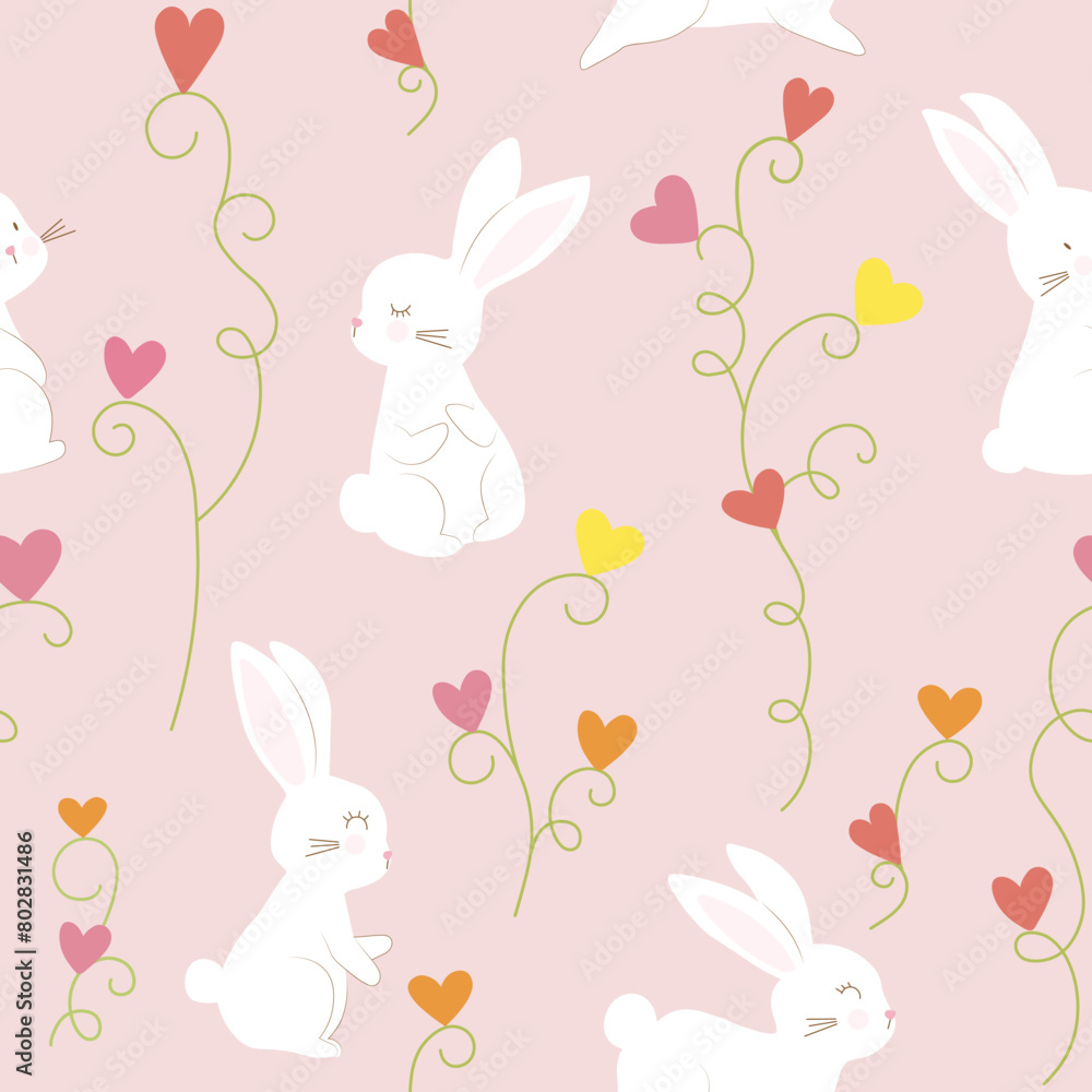 Fototapeta premium white bunny with vine and heart seamless pattern