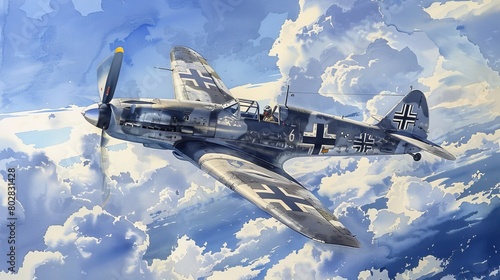 Watercolor scene of a Messerschmitt Bf 109 cruising through a sky dotted with clouds, highlighting the powerful presence of this fighter photo