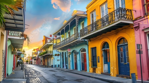 Vibrant Caribbean City Street Bathed in Warm Sunset Glow with Colorful Historic Buildings and Balconies