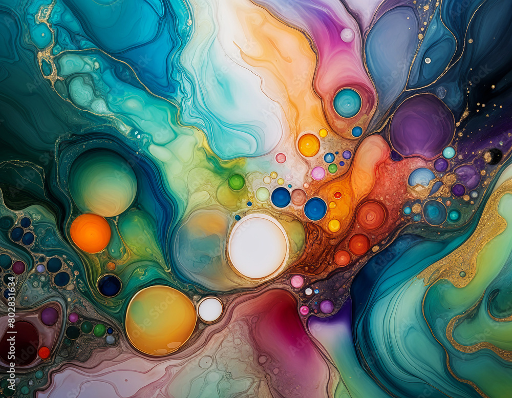 Vibrant Acrylic Pour Art Displaying a Kaleidoscope of Swirling Colors