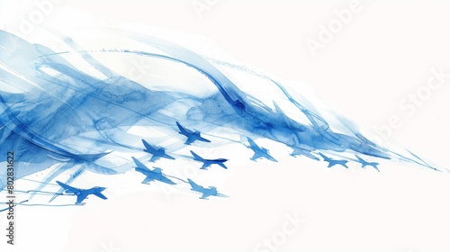 Watercolor illustration of an aerobatic display by a squadron of jets, their trails crisscrossing in an elegant dance on a white sky