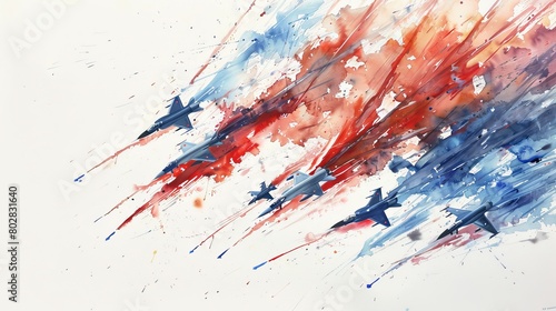 Watercolor illustration of an aerobatic display by a squadron of jets, their trails crisscrossing in an elegant dance on a white sky photo