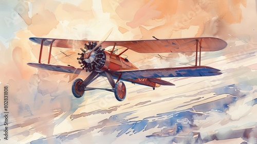 Watercolor of a Sopwith Camel biplane soaring over a white desert, sunlit sky casting warm hues, evoking a sense of early aviation adventure photo
